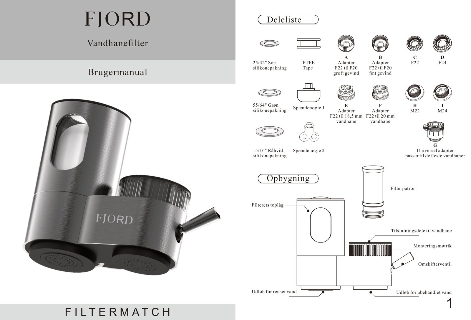 Deleliste og opbygning af FJORD vandhanefilter: pakninger, PTFE-tape, spændenøgler, adaptere A til I, universel adapter G og filterpatron.