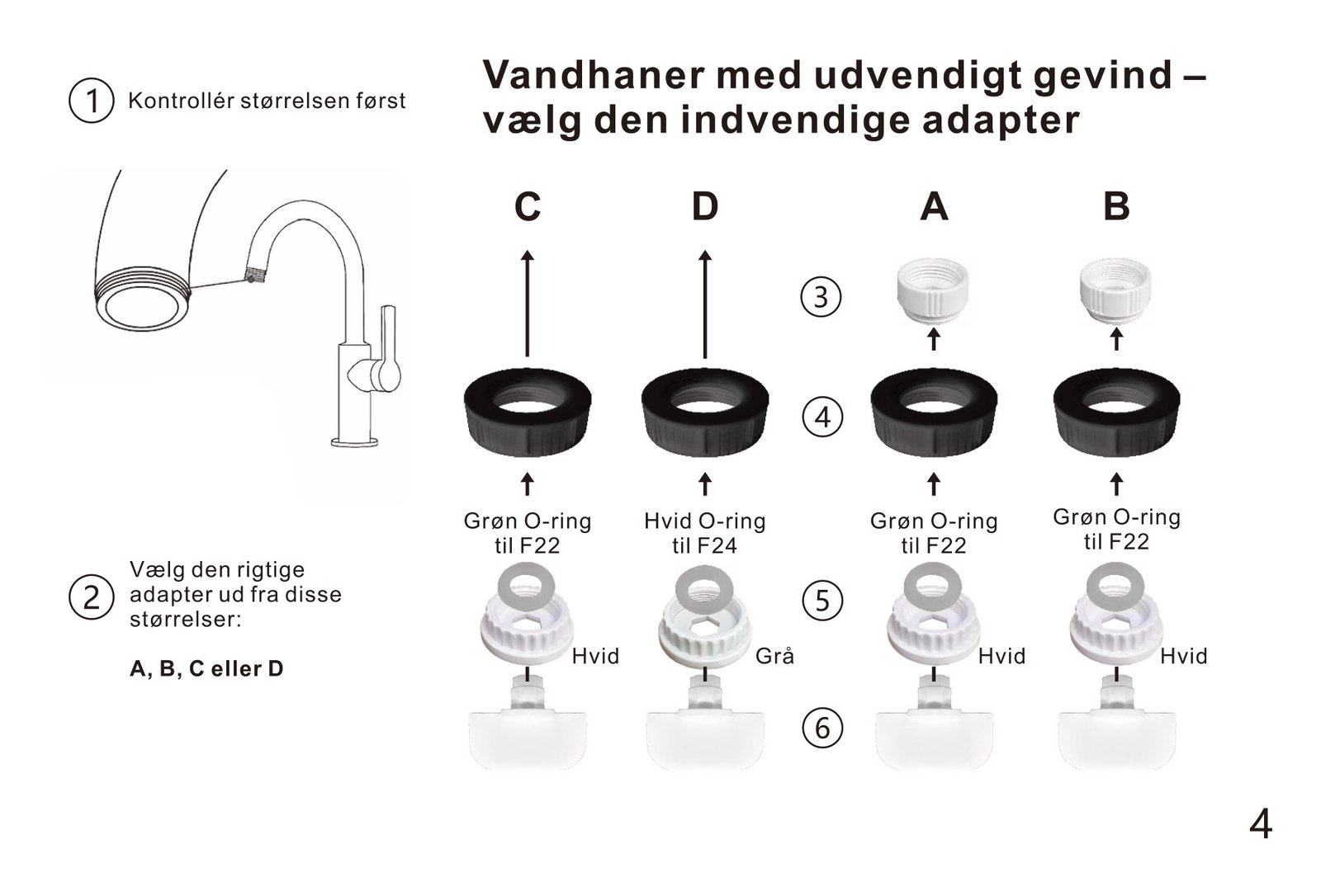 Samlerækkefølge for adapter C, D, A og B med O-ring til vandhaner med udvendigt gevind.