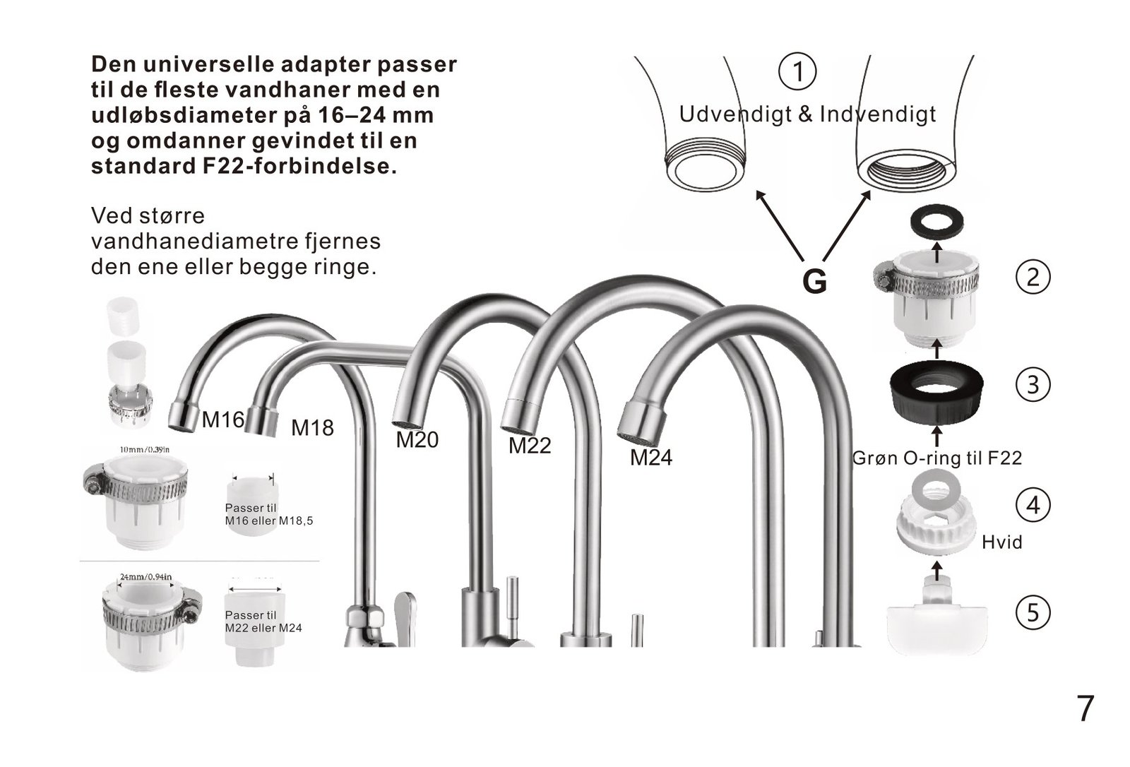 Den universelle adapter G passer til vandhaner på 16 til 24 mm og omdanner gevindet til en standard F22-forbindelse.